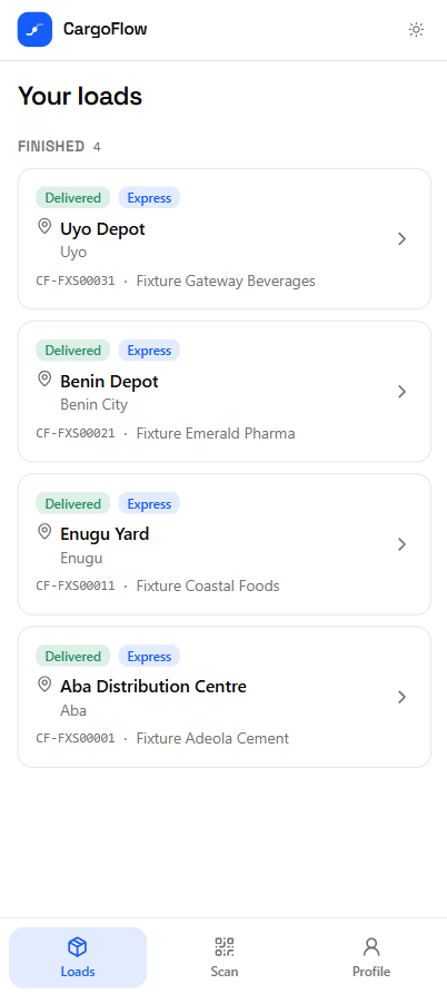 The CargoFlow driver app on a phone, listing loads on board, to collect and finished.