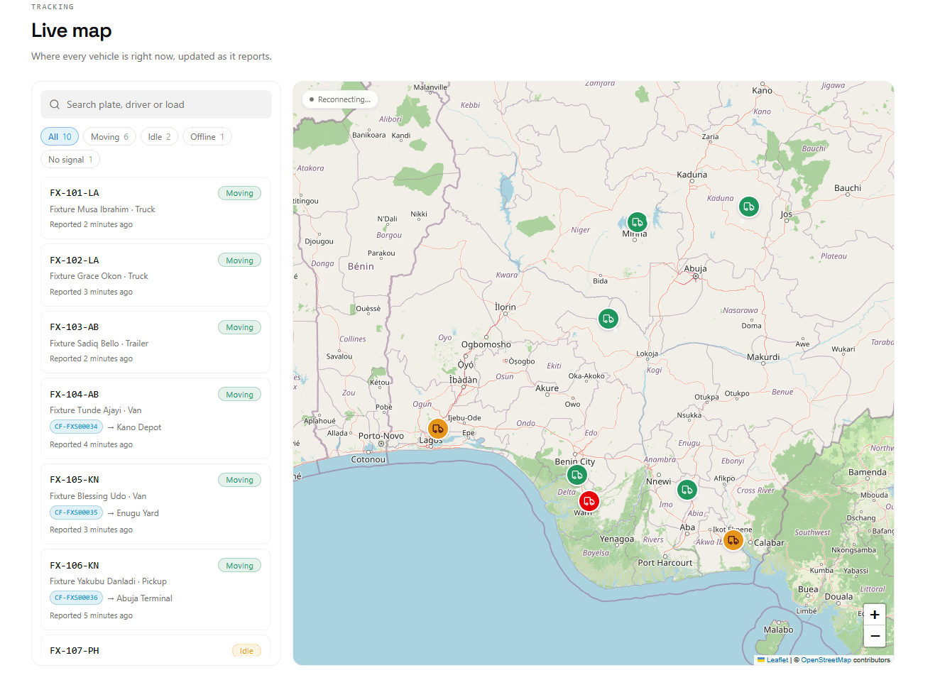 The live map showing vehicles by tracker state beside a searchable fleet list.
