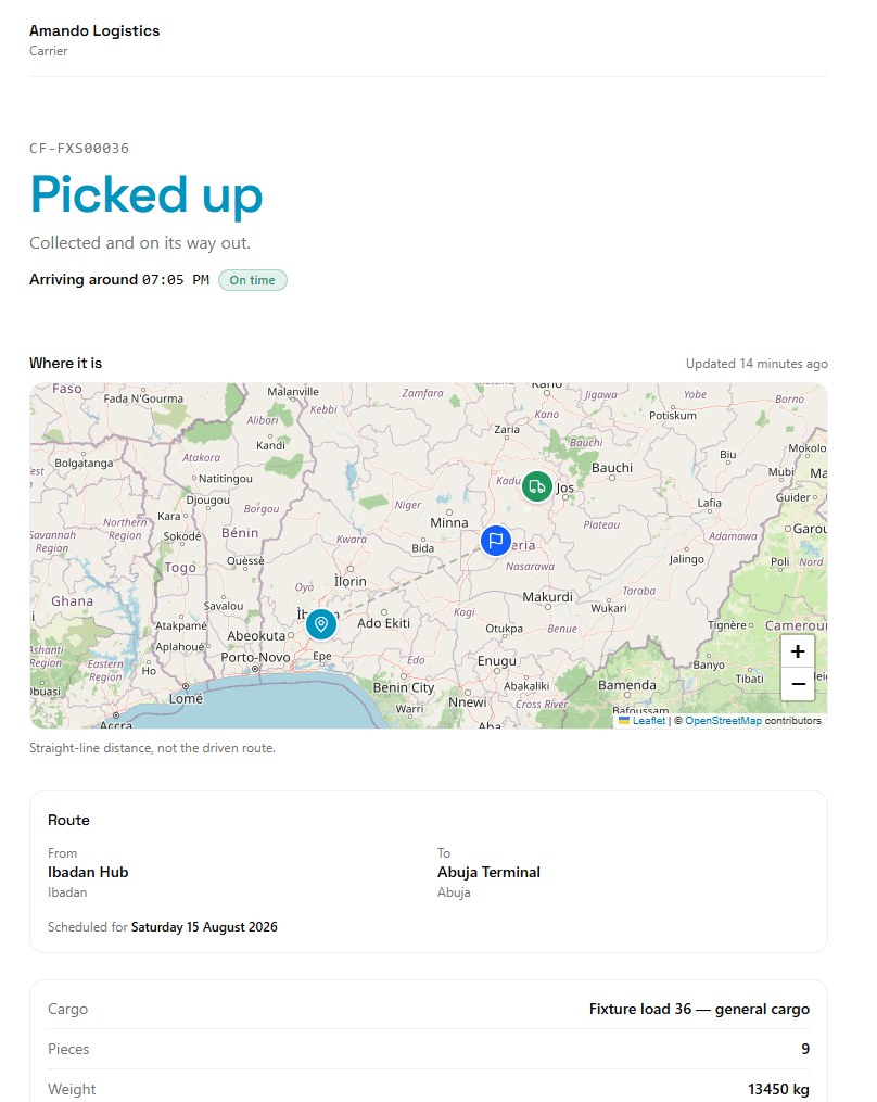The public tracking page showing a shipment picked up, its ETA, and its position on a map.