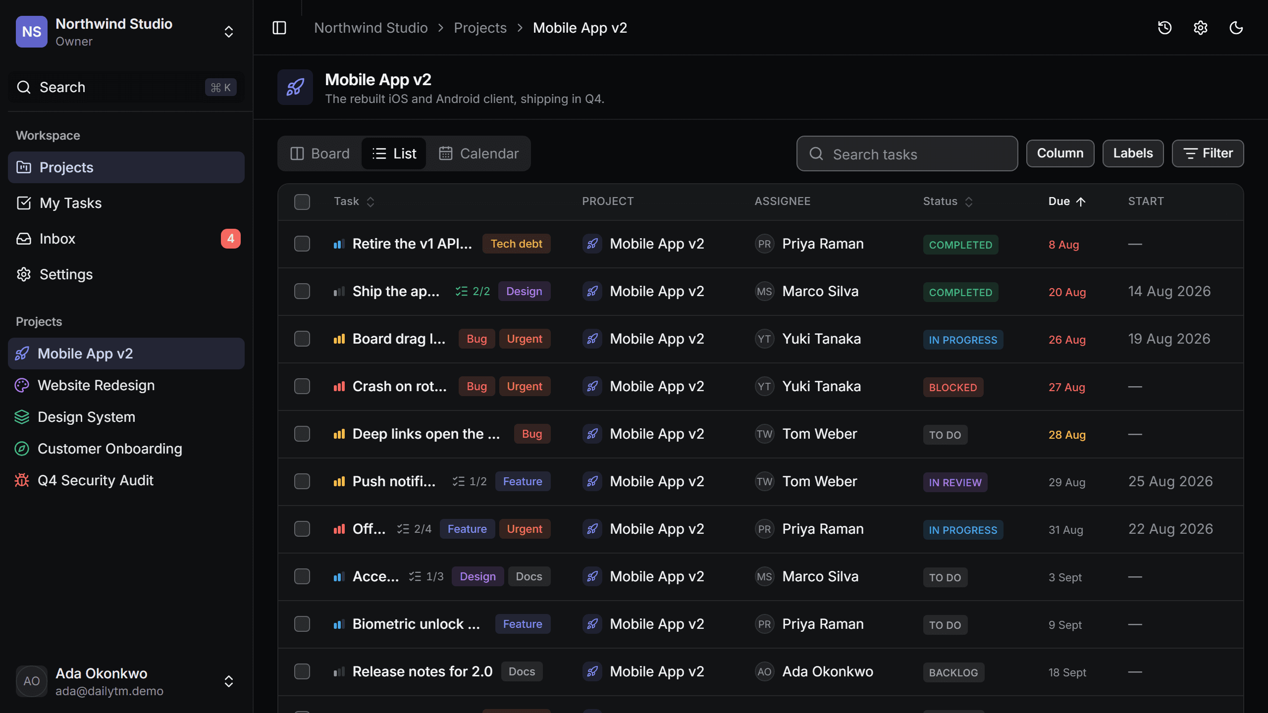 The DailyTM list view: a sortable, filterable table of tasks with status, assignee and due date.