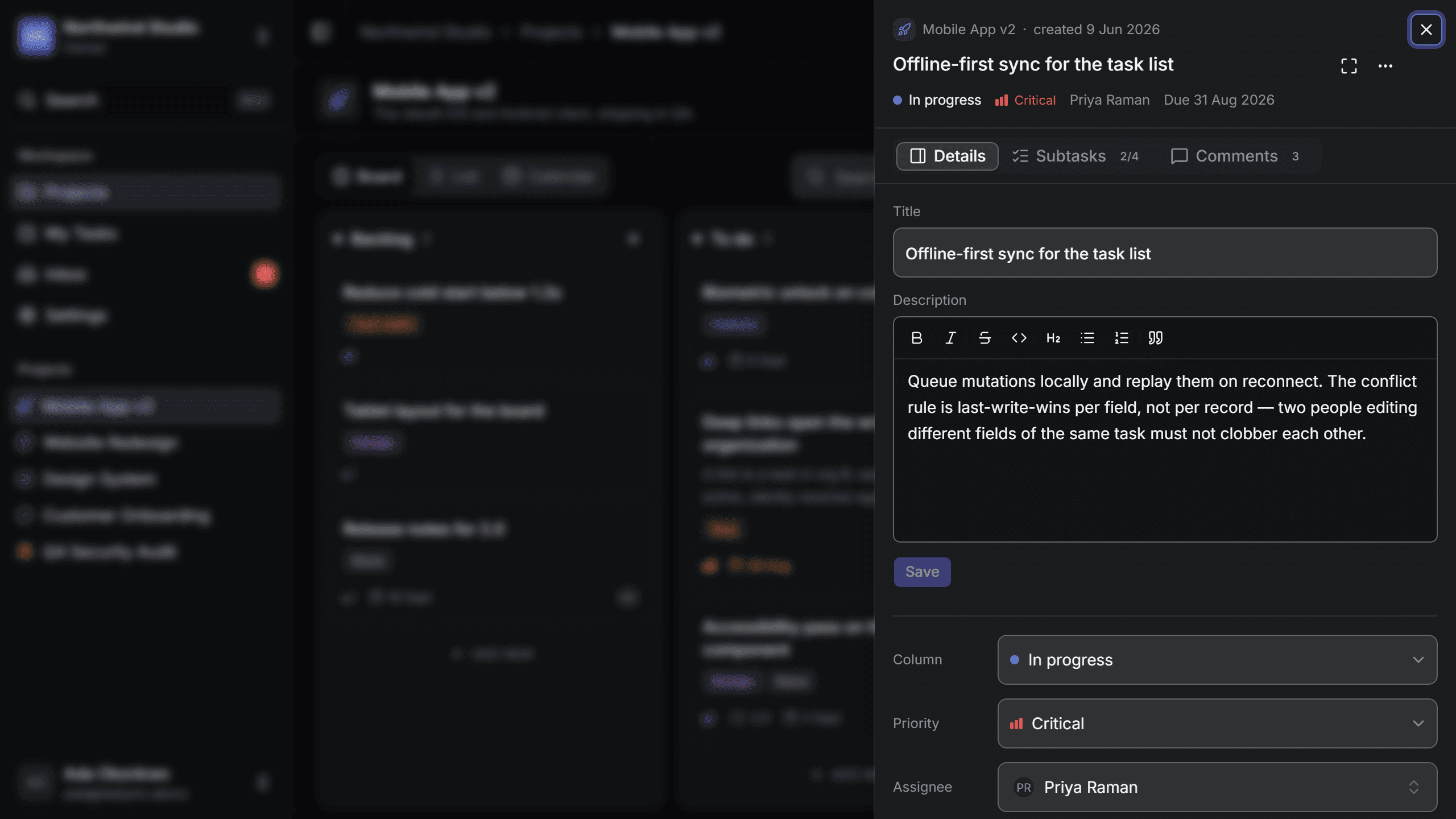 The DailyTM task detail panel with a rich-text description, subtasks, labels and comments.