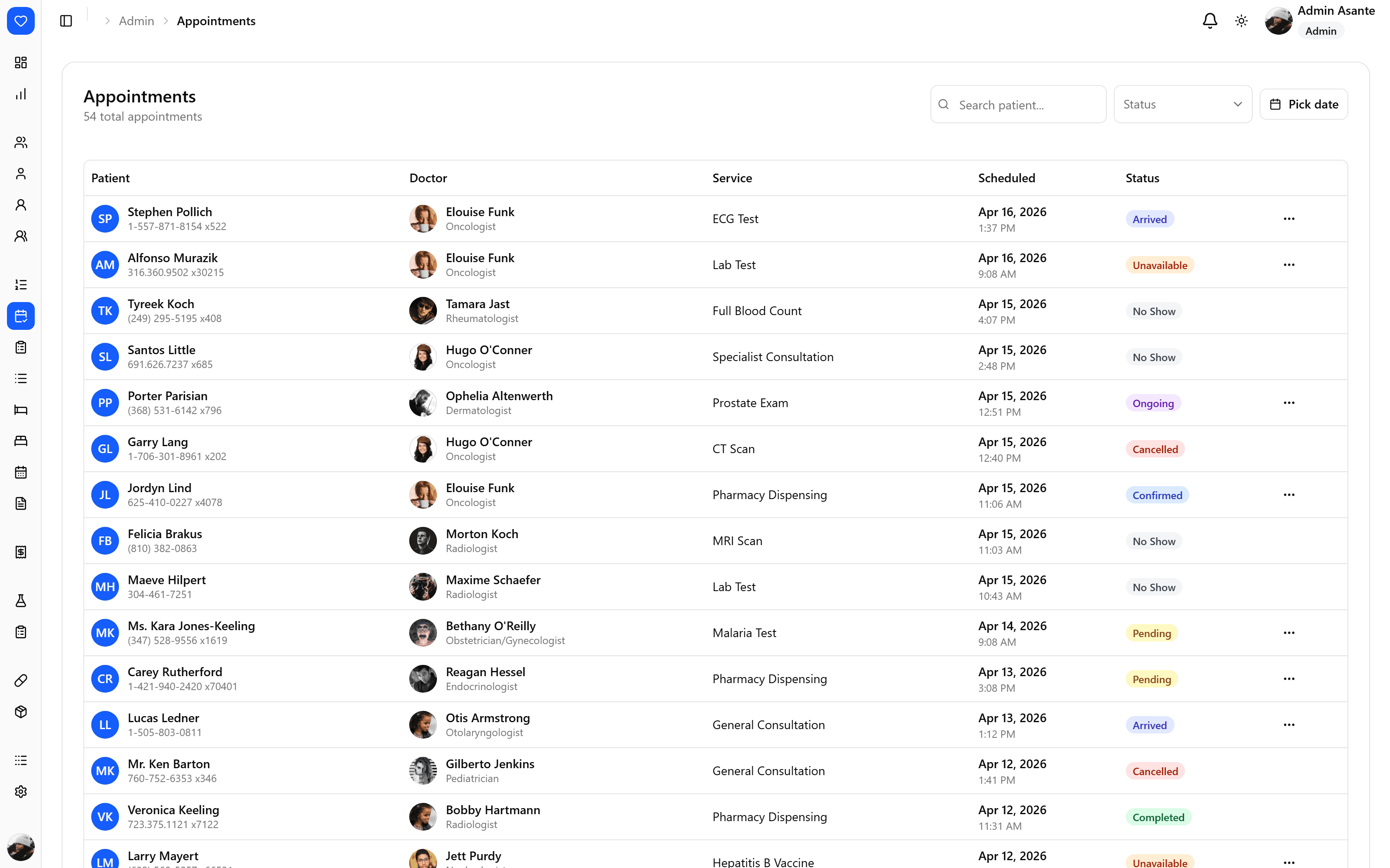 Appointment list with the booking status lifecycle.
