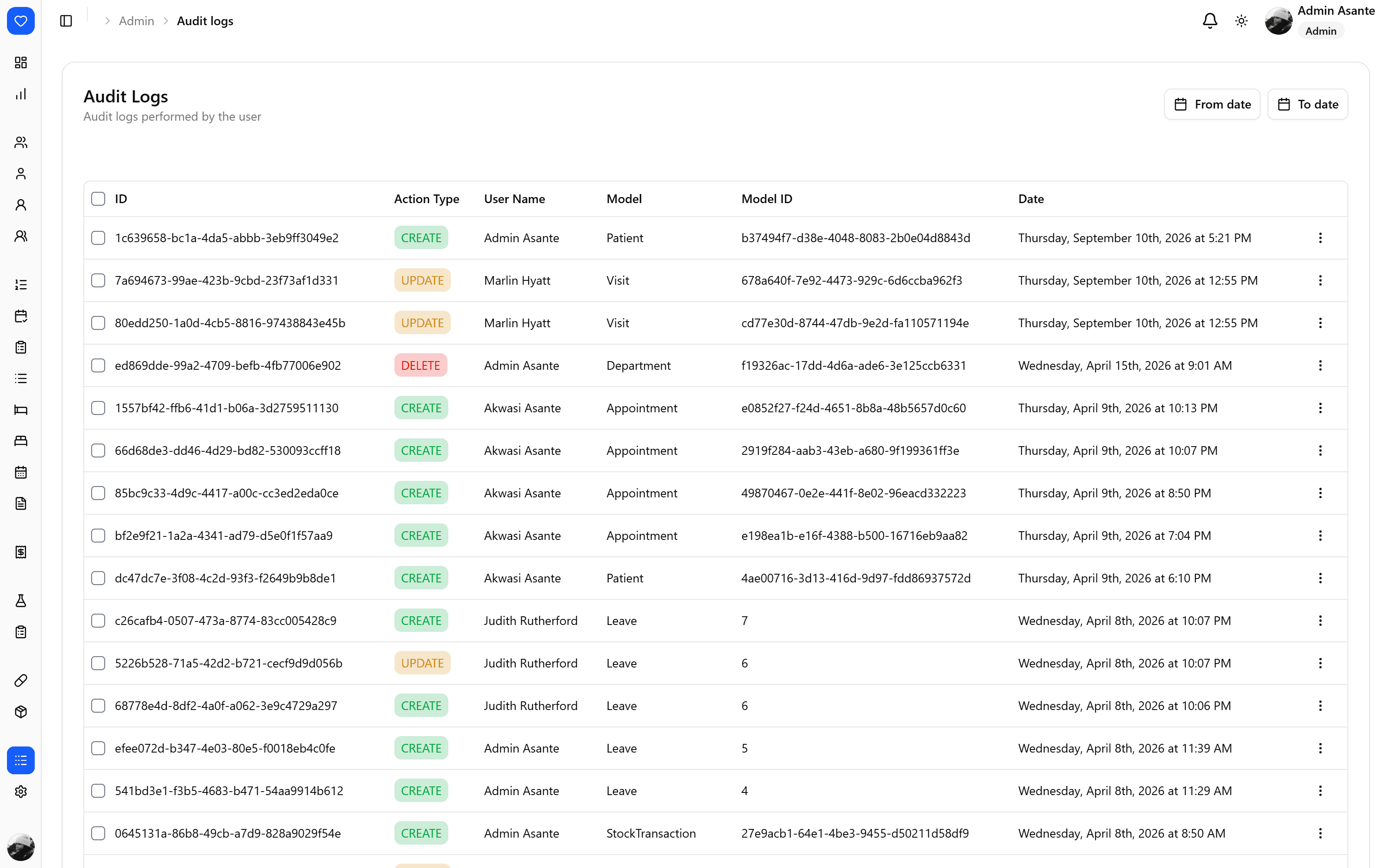 Audit log listing user actions with actor, action and timestamp.
