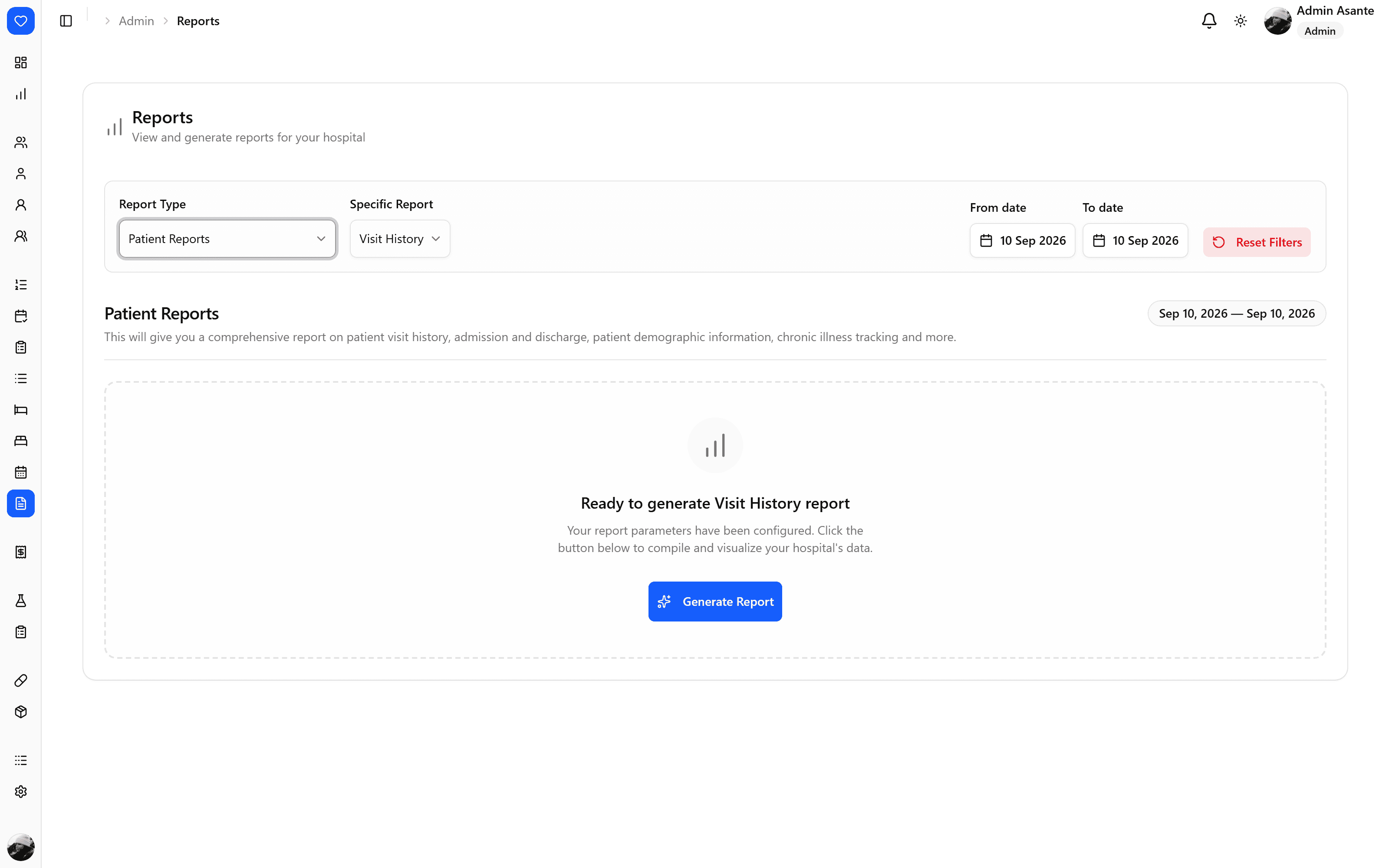 Report builder with report type, specific report and date range filters.