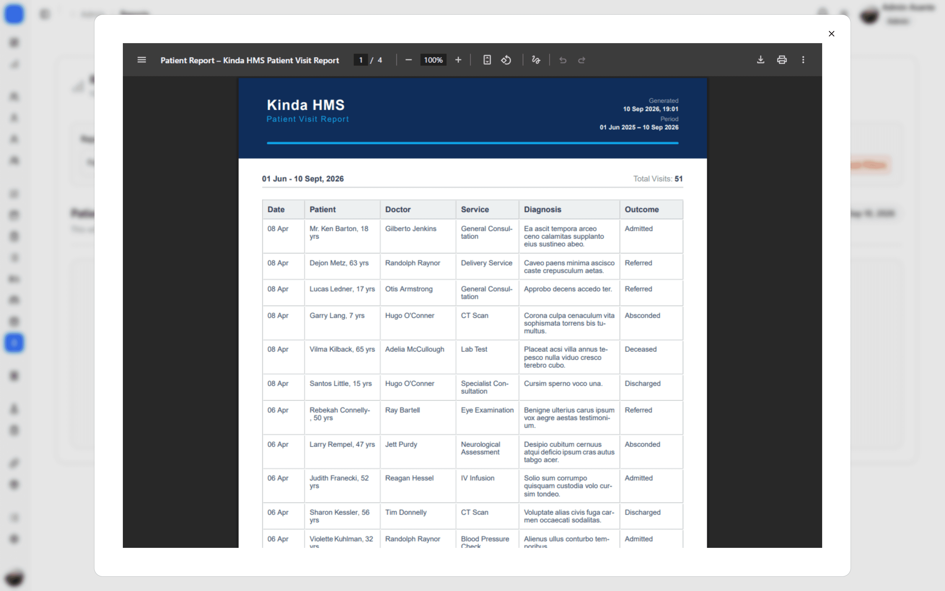 Generated four-page patient visit report as a PDF.