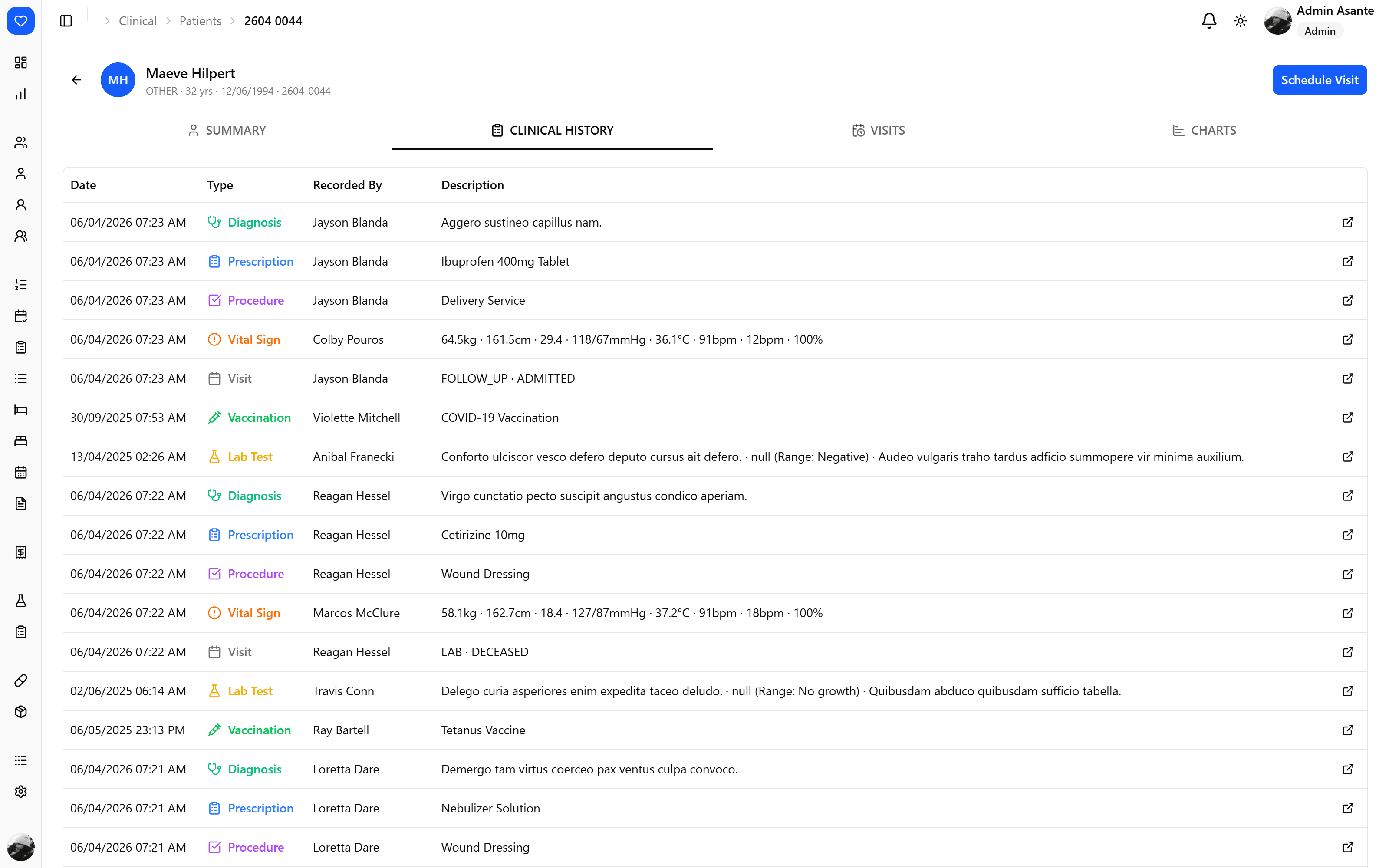 Clinical history tab of a patient record, listing records per visit.