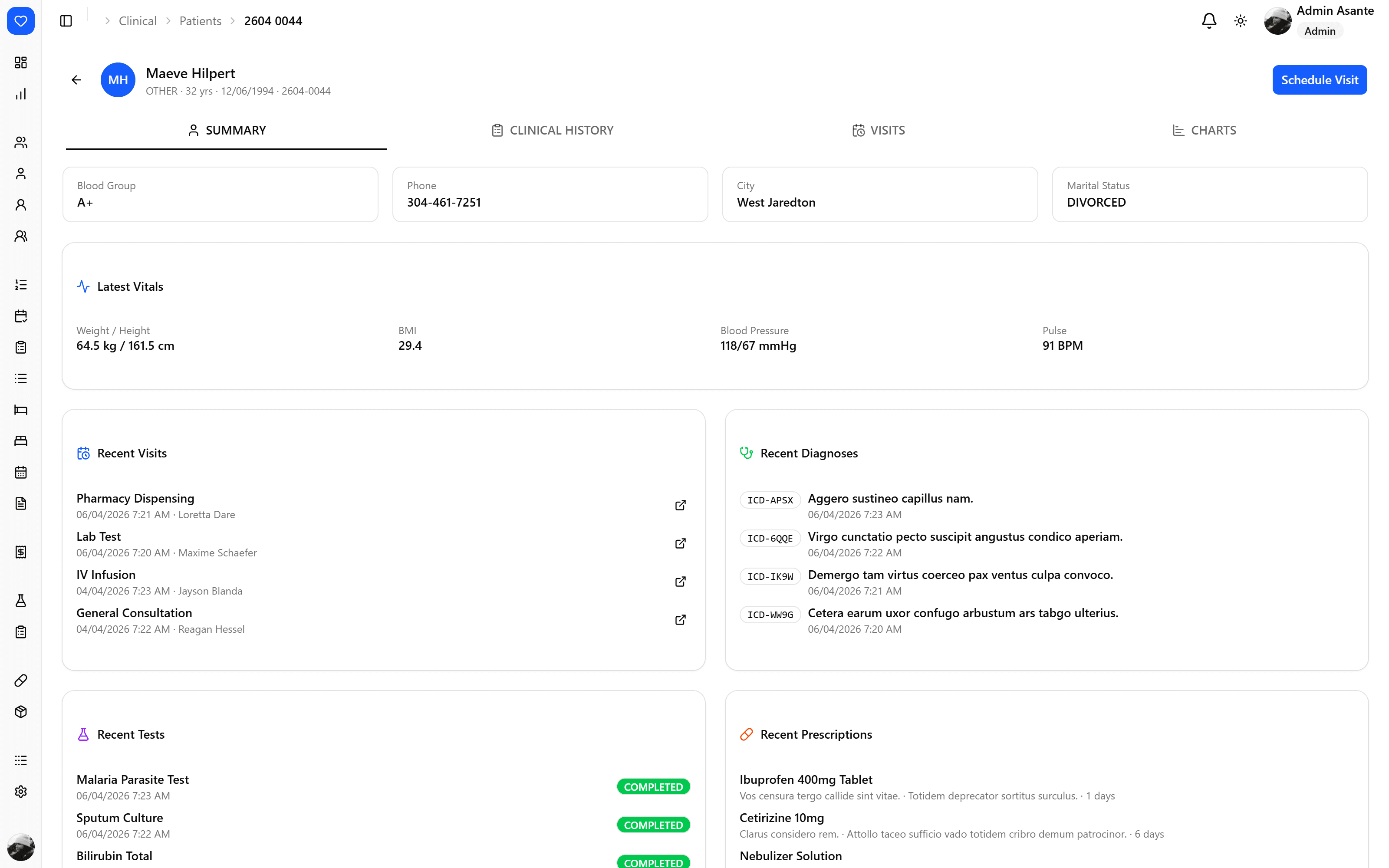 Patient summary screen showing vitals, recent visits, diagnoses, tests and prescriptions.