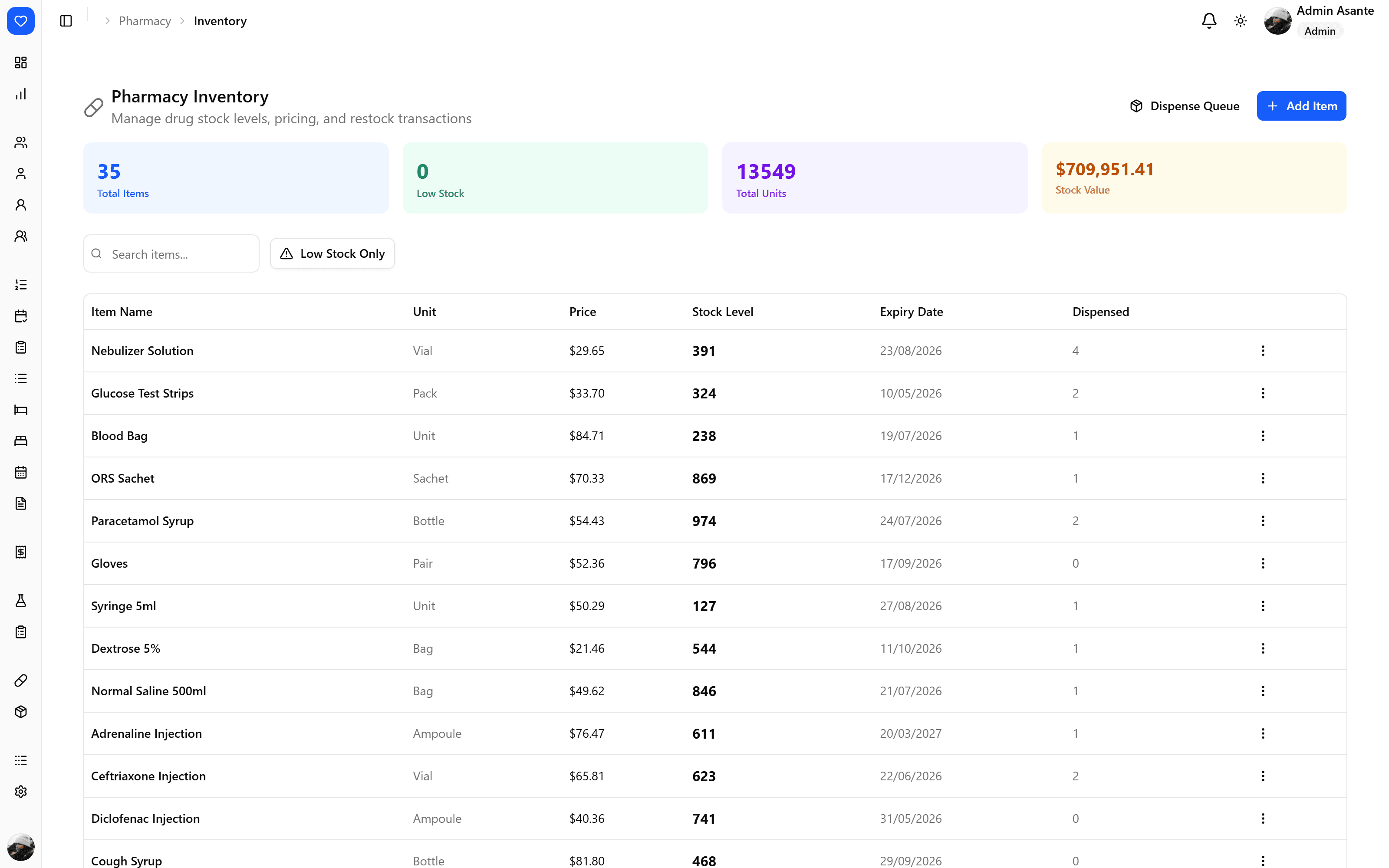 Pharmacy inventory screen with stock levels, restock and adjustments.